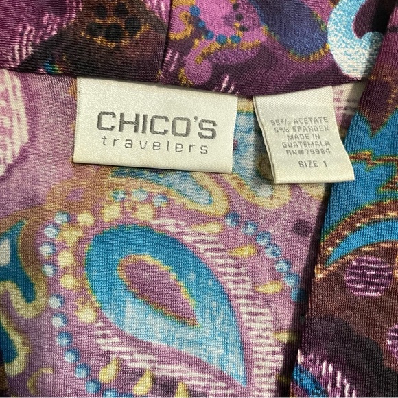 VTG CHICOS TRAVELERS Sz 1 Purple Turquoise Blue Slinky Cardigan - Picture 8 of 11